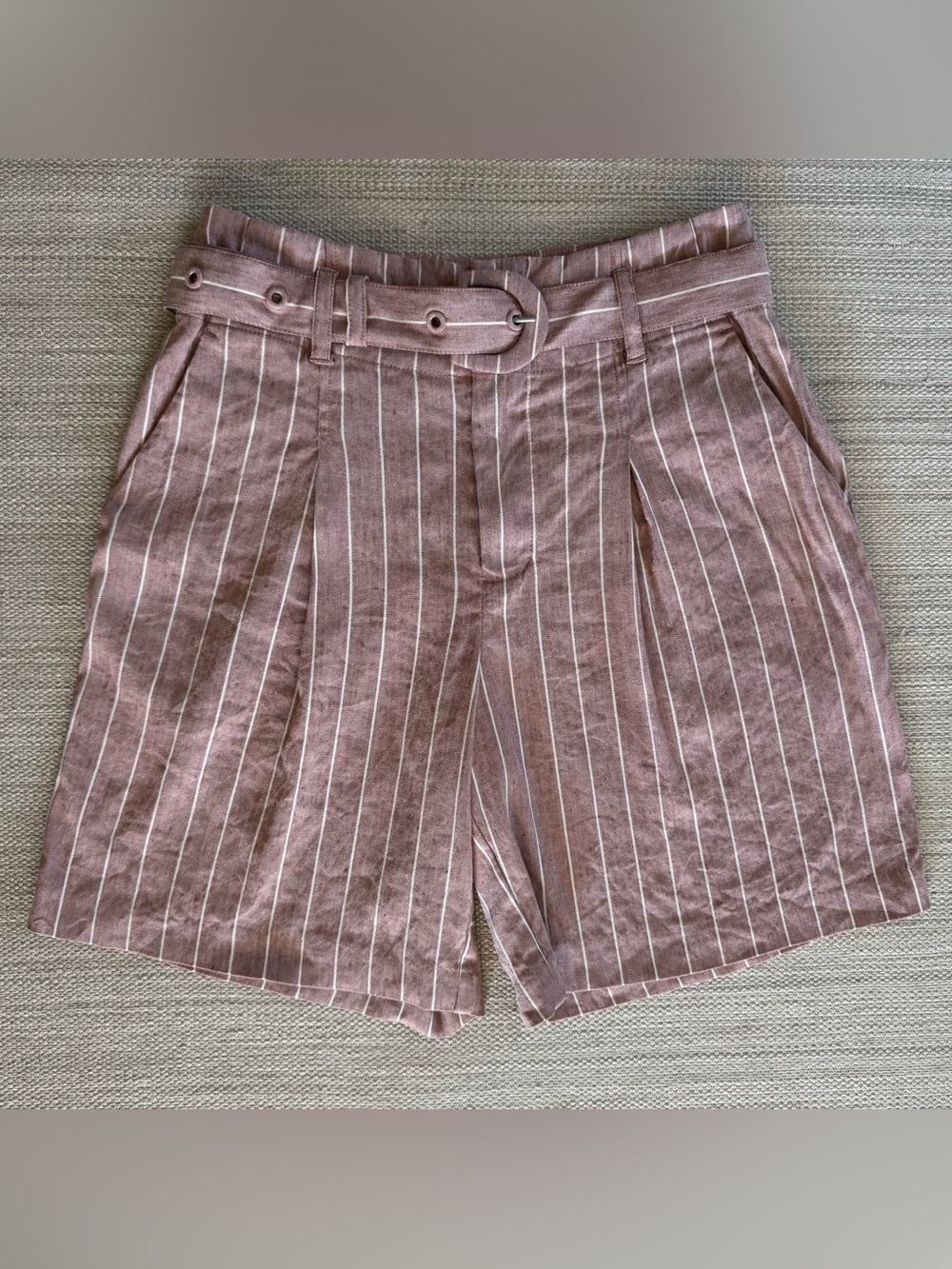 Soft Surroundings pink striped linen blend high waist belted shorts women’s 2
